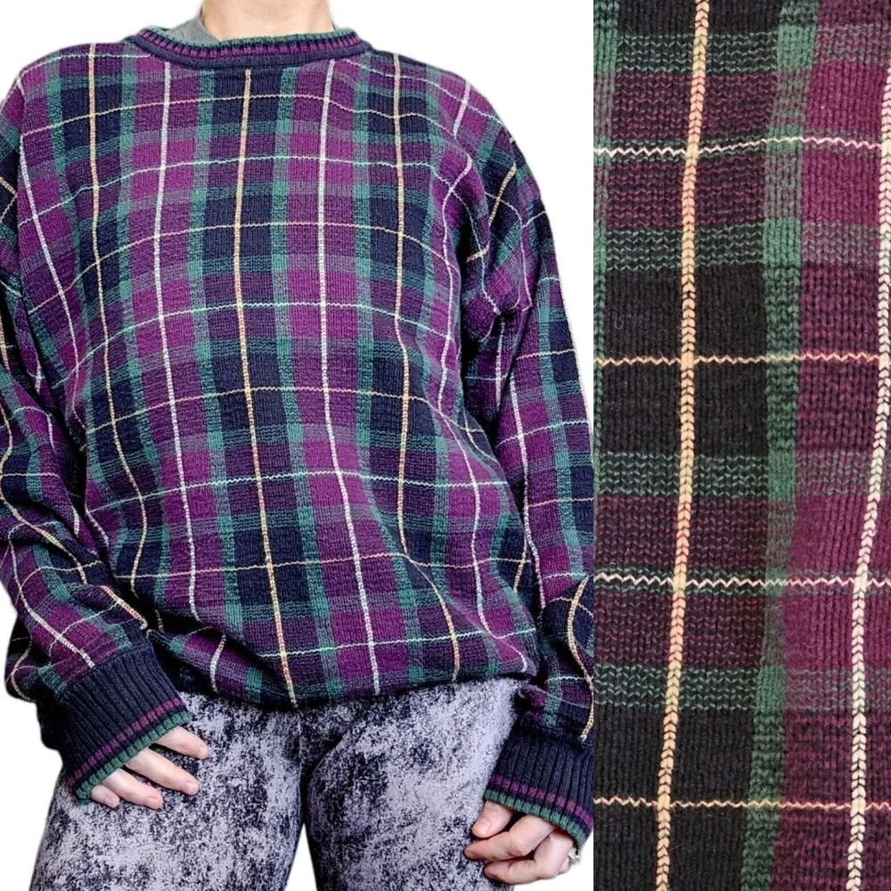 Vintage 90s Mens Large‎ Dad Sweater Preppy Plaid Burgundy Cotton Crewneck Retro